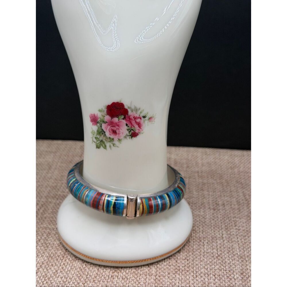 Jay King Sterling Silver Rainbow Calsilica Hinged Bangle Bracelet with Box - Picture 3 of 7